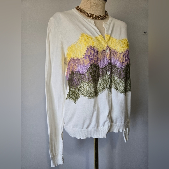 Pierre Cardin White Cardigan Sweater With Pastel Lace. Size Small - Picture 2 of 10